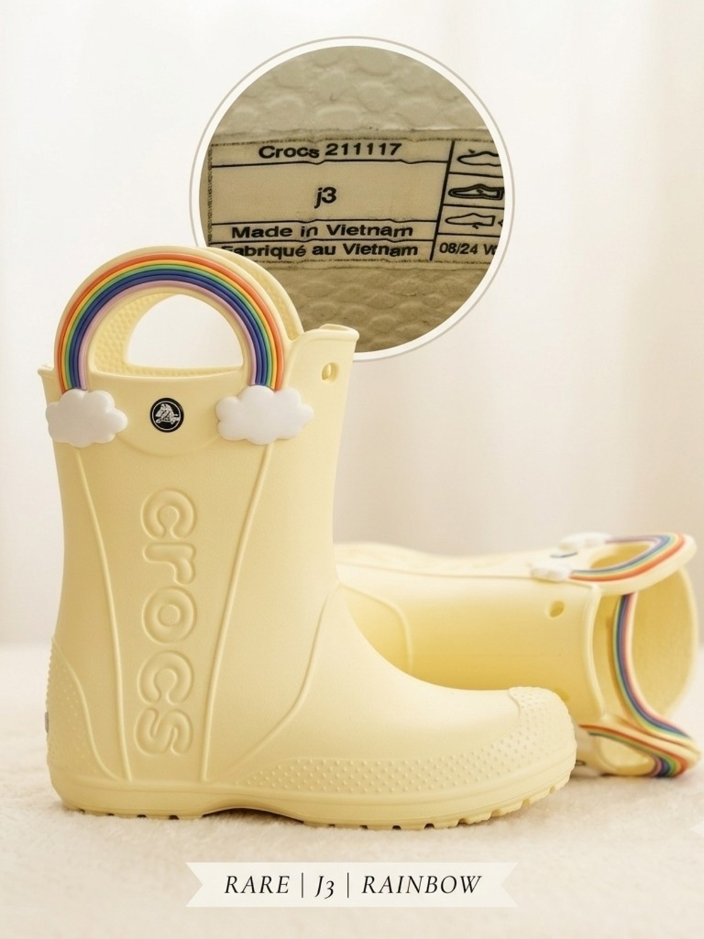 ​Crocs Kids Classic Rainbow Handle Rain Boots Yellow Waterproof Size J3